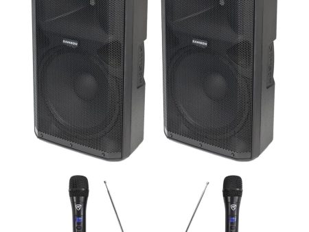 (2) Samson RS115A 15  400w Powered DJ PA Speakers w Bluetooth USB+Wireless Mics on Sale