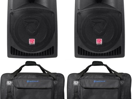 (2) Rockville RPG12 12  Powered 1600 Watt DJ PA Speakers+Weatherproof Carry Bags For Sale