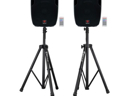 (2) Rockville BPA15 15  Powered 800W Speakers+Bluetooth+Stands For Church School Cheap