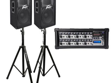 (2) Peavey PV112 12  1600w Speaker System Cabinets+Powered Mixer+Stands Supply