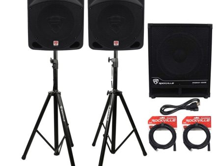 (2) Rockville RPG10 10  Powered PA Speakers+Active 15  Subwoofer+Stands+Cables on Sale