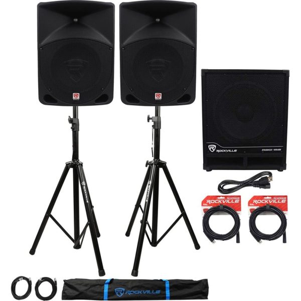 (2) Rockville RPG10 10  Powered PA Speakers+Active 15  Subwoofer+Stands+Cables on Sale