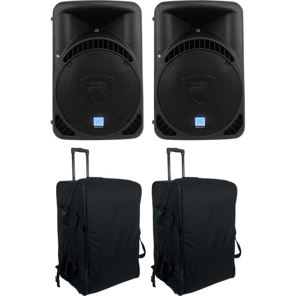 2 Rockville RPG15BT 15  Powered Bluetooth DJ Wireless Link Speakers+Rolling Bags Sale