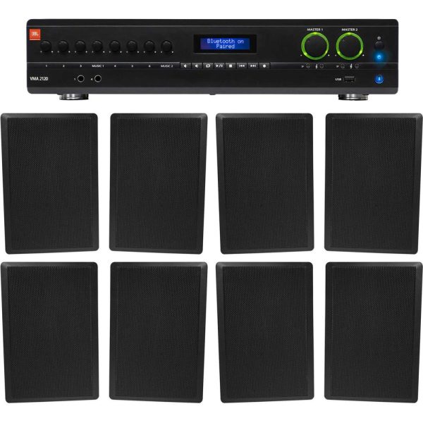 JBL 2-Channel Amplifier+(8) Slim Black Wall Speakers for Restaurant Bar Cafe For Cheap