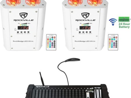 (2) Rockville RockWedge White LED Battery Lights+384 Ch. Wireless DMX Controller Fashion