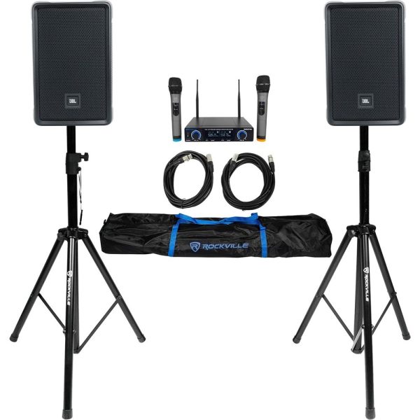 2 JBL IRX108BT 8  1000w Powered DJ Portable PA Speakers w  Bluetooth+Stands+Mics Fashion