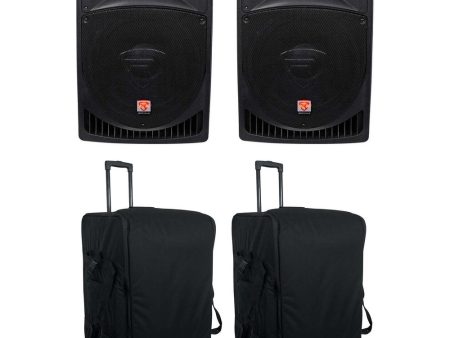 (2) Rockville RPG15 15  Powered 1000 Watt DJ PA Speakers+(2) Rolling Travel Bags Supply