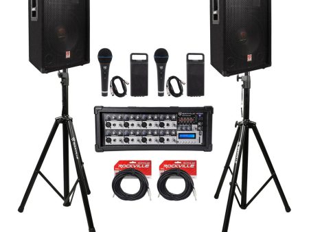 (2) Rockville RSG12.4 12” 3-Way 1000w DJ PA Speakers+Powered Mixer+Mics+Stands Online Sale