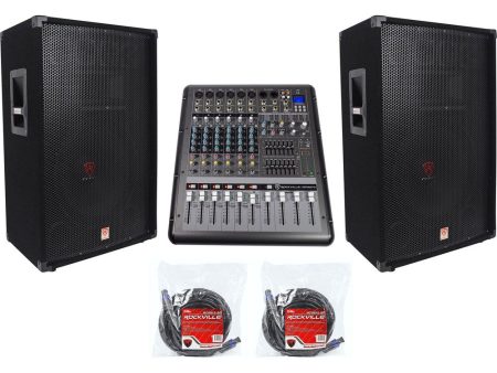 2) Rockville RSG15 15” 3-Way 3000w DJ Pro Audio PA Speakers+Powered Mixer+Cables For Discount