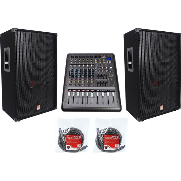 2) Rockville RSG15 15” 3-Way 3000w DJ Pro Audio PA Speakers+Powered Mixer+Cables For Discount