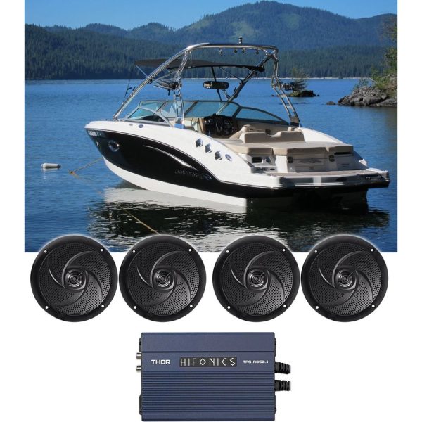 4) Rockville RSM65B 6.5  Waterproof Slim Marine Boat Speakers+Hifonics Amplifier on Sale