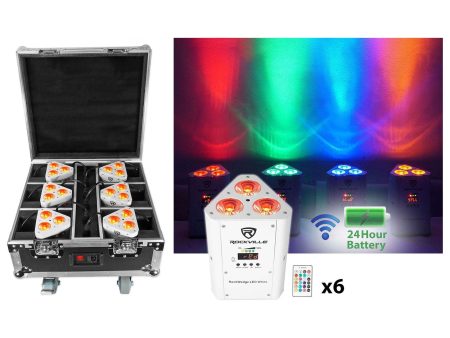 Rockville ROCKWEDGE PACKAGE WHITE (6) Battery Powered Wireless DMX Lights+Case Hot on Sale