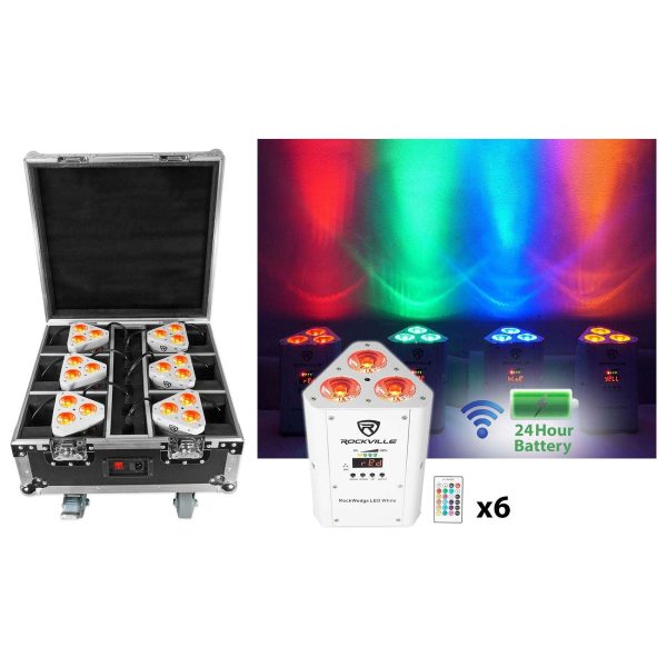 Rockville ROCKWEDGE PACKAGE WHITE (6) Battery Powered Wireless DMX Lights+Case Hot on Sale