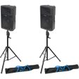 (2) Samson RS115A 15  400w DJ PA Speaker w Bluetooth USB+Crank-Up Speaker Stands For Sale