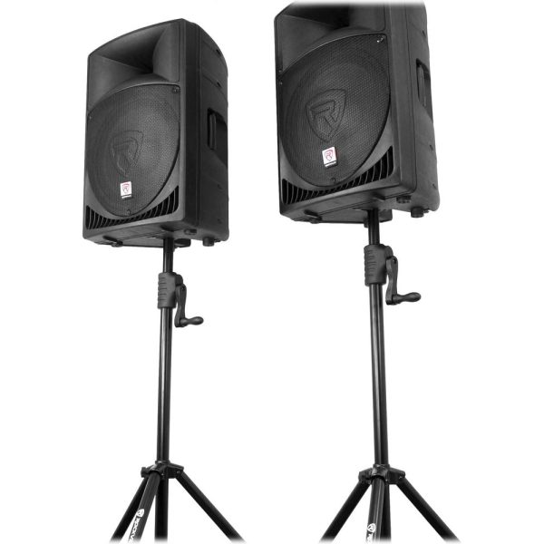 (2) Samson RS115A 15  400w DJ PA Speaker w Bluetooth USB+Crank-Up Speaker Stands For Sale