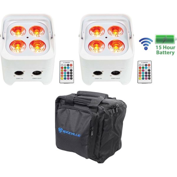 2) Rockville BEST PAR 50 White Rechargeable Par Lights Wireless DMX+RGBWA+UV+Bag Online Sale