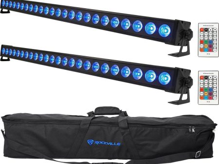 2) Rockville BATTERY STRIP 24 Rechargeable RGBW DMX DJ Wash Light Bars+Carry Bag For Discount