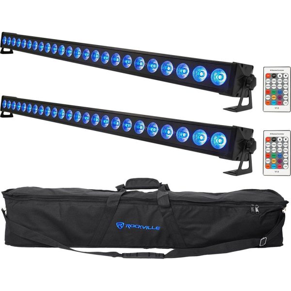 2) Rockville BATTERY STRIP 24 Rechargeable RGBW DMX DJ Wash Light Bars+Carry Bag For Discount