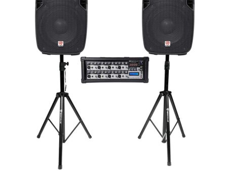 (2) Rockville 10  800w PA Speakers+Powered Mixer+Stands+Cables For Church School For Discount