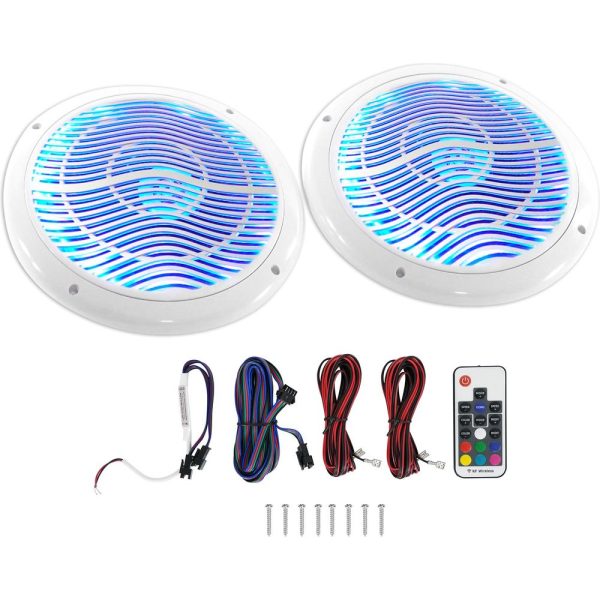 Rockville RMC65LW 6.5  600w 2-Way White Marine Speakers w Multi Color LED+Remote For Discount